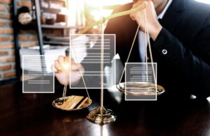 Gros plan sur une balance de la justice dorée avec une carte bancaire et des documents numériques, illustrant le choix de la structure juridique lors d'une création d'entreprise