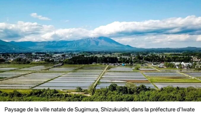Grand paysage de la ville de Shizukuishi au Japon, montrant des rizières inondées au premier plan et une montagne imposante sous un ciel nuageux.
