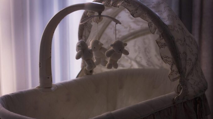 Berceau avec moustoir et jouets en peluche, lumière douce